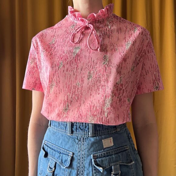 American Vintage Tops - Vintage 70s Pink Ruffle Mock Neck Blouse, XL